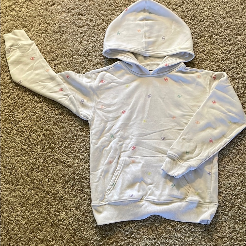 Champion Kids White Hoodie with a pocket in the front and Multicolor Accents